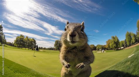 A Cute Squirrel Captured By A Fisheye Lens Camera Installed On A Golf