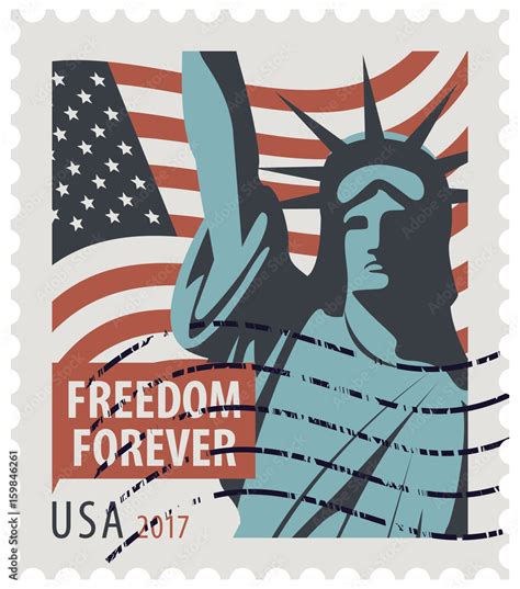 Postage Stamp With New York Statue Of Liberty The Flag Of United