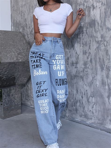 Light Wash Denim Slogan Wide Leg Embellished Non Stretch Women Denim