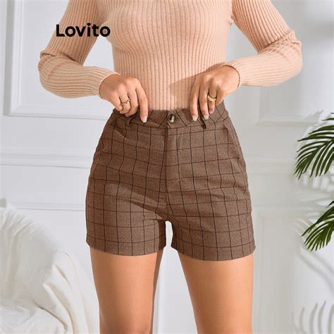 Lovito Shorts casuais xadrez botões para mulheres LBL11096 Shopee