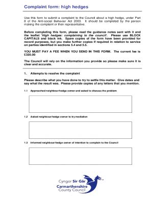 Fillable Online Complaint Form High Hedges Intro My Account Fax