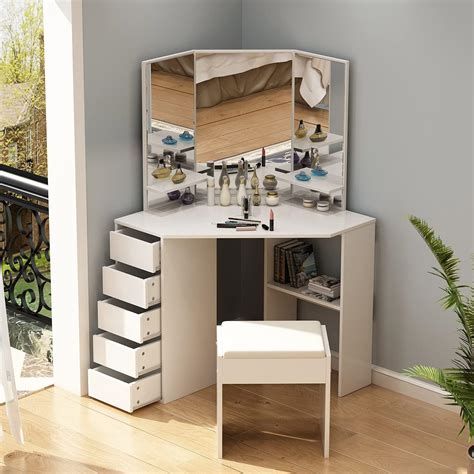 Home Modern Corner Dressing Table Set Makeup Desk Dresser W Drawers