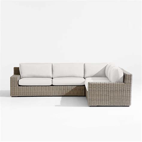 Abaco Resin Wicker 3 Piece L Shaped Outdoor Sectional Sofa With White Sand Sunbrella Cushions