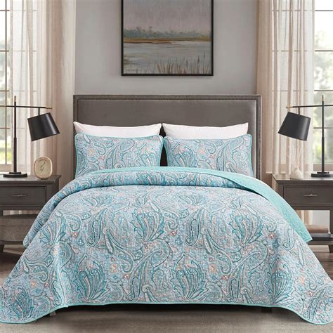 Djy Blue Paisley Quilt Set King Size Boho Bedspread Coverlet Set