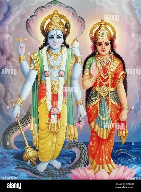 lord Vishnu lady Lakshmi lotus flower hinduism mythology illustration ...