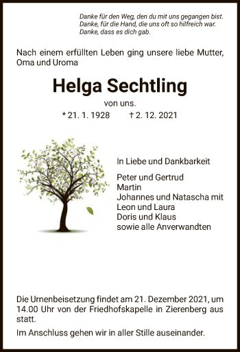 Traueranzeigen Von Helga Sechtling Trauer Hna De