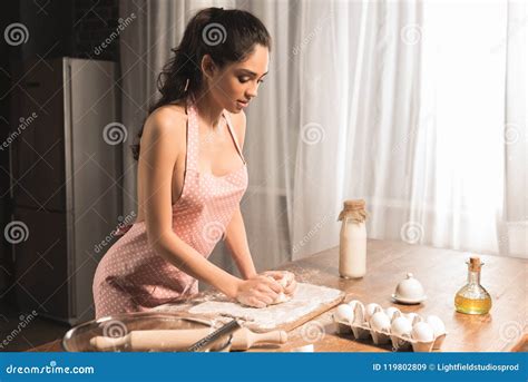 Young Woman In Apron Preparing Dough Stock Image Image Of Girl Food