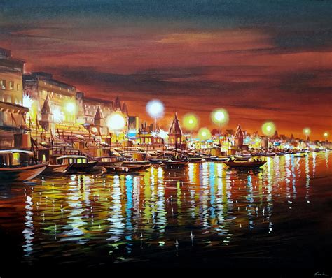 Cloudy Night Varanasi Ghats - Exquisite Art