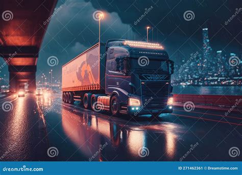 Trailer Semi Truck Rides on a Road at Night Stock Illustration ...