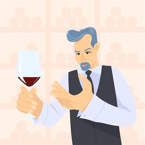 Sommelier masculino mirando vino tinto en copas ilustración de dibujos