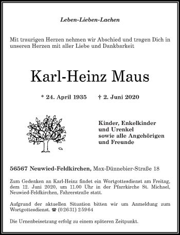 Traueranzeigen Von Karl Heinz Maus Rz Trauer De