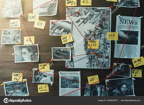 Detective Board With Photos Of Suspected Criminals Crime Scenes And