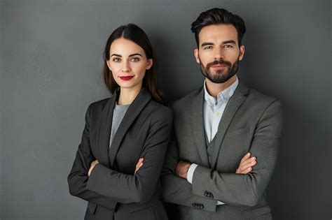 Premium Photo Businessman And Woman Posing In Front Of Gray Background