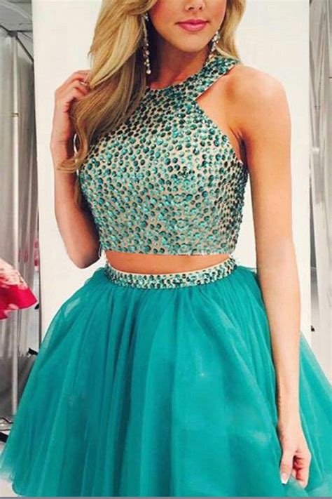 Two Piece Beading Short Prom Dresschiffon Halter Homecoming Dress