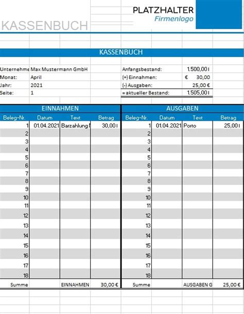 Kassenbuch Vorlage Kostenlos F R Word Excel