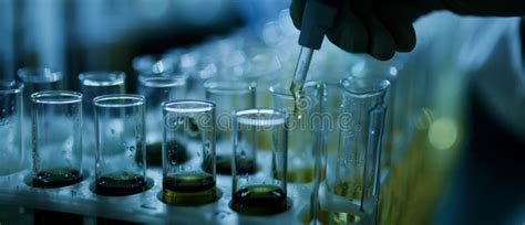 A Scientist Wearing Blue Gloves Carefully Pouring A Clear Liquid From A