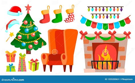 Christmas Decoration Icons Vector Fireplace Sock Chair Christmas Tree Ts Lights Hat