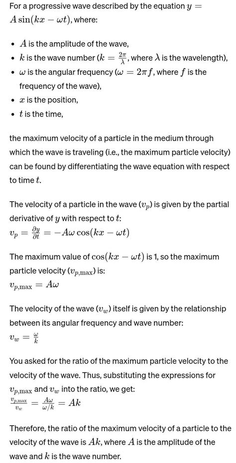 For A Progressive Wave Y Asin Kx Wt Ratio Of Maximum Velocity Of