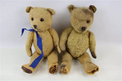 TEDDY BEAR ANTIQUE Chiltern Golden Mohair Jointed Glass Eyes Rexine X 2