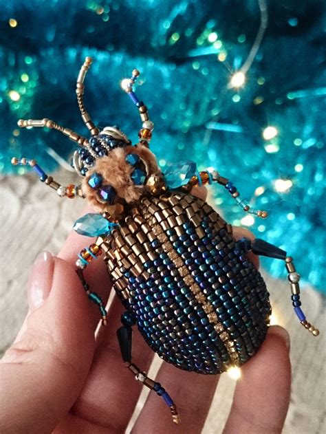 Beaded Embroidered Beetle Brooch Blue And Gold Insect Turquoise Bug