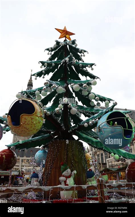 Christmas Ttree carnival ride at a Christmas Market on Christmas Eve in ...