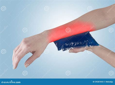 Ice Gel Pack on a Swollen Hurting Wrist. Stock Image - Image of health ...