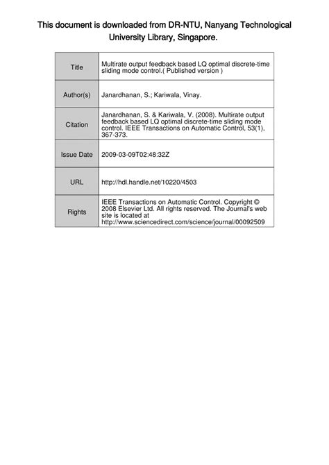 Pdf Multirate Output Feedback Based Lq Optimal Discrete Time Sliding