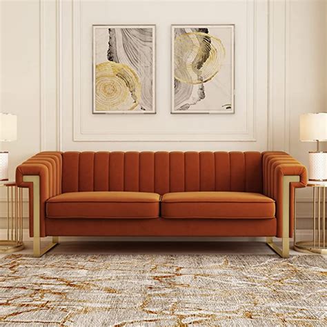 Orange Velvet Couch Sofa, 84 Wide Mid-Century Modern Love Seat Tufted ...