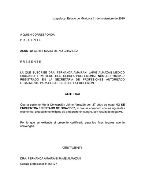 460020310 Certificado De No Gravidez Docx Ixtapaluca Estado De