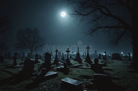 Nighttime Scene Of A Cemetery Under A Bright Full Moon Stock Photo