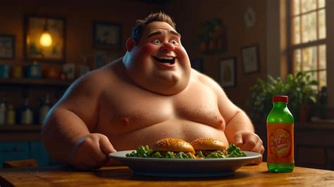 Premium Photo Fat Man Eat Burgers Shirtless With Soda Generated By Ai