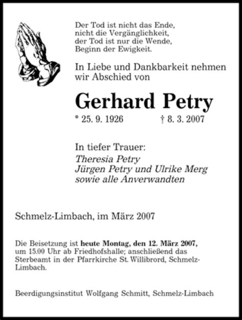 Traueranzeigen Von Gerhard Petry Trauer De