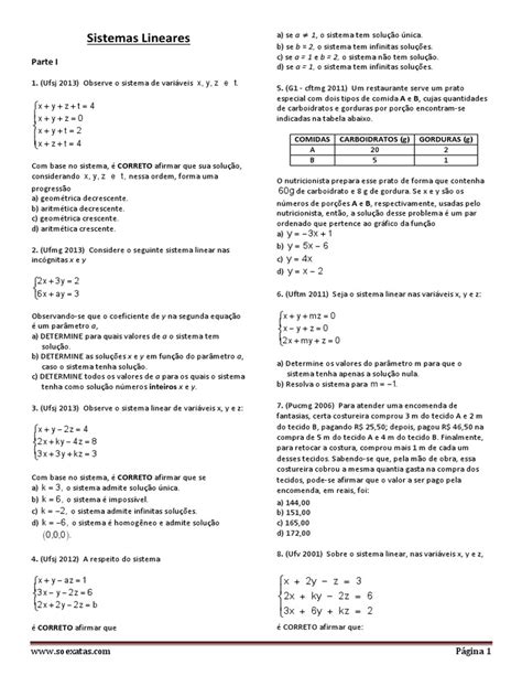 Exercícios Sistemas Linearesxx Pdf Sistema De Equações Lineares