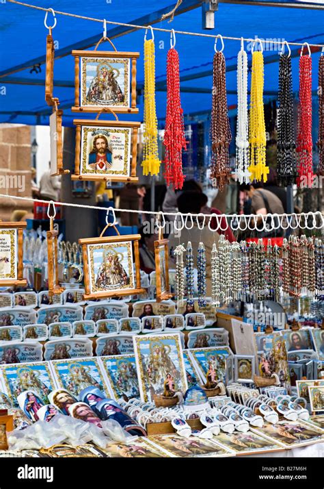 Religious Icons Paintings And Sourvenirs On Sale In Sunday Market Teror