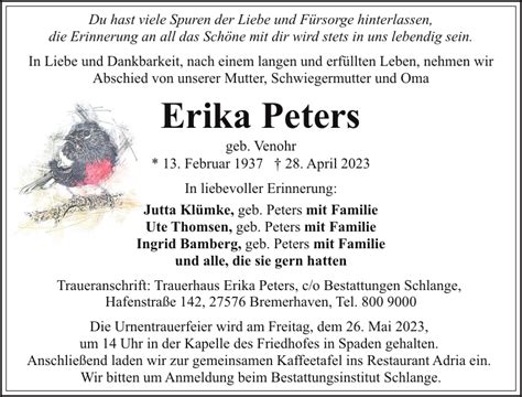 Erika Peters Gedenken Nordsee Zeitung