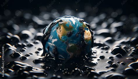 Detailed View Of A Miniature Globe Of Earth Sinking In A Sea Of Black