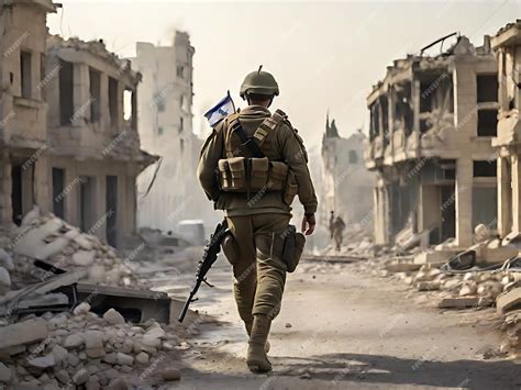 Foto Soldado Caminando En Una Ciudad Destruida Escena De Guerra Urbana