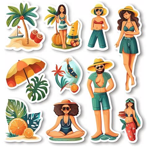 Premium Photo Summer Beach Cartoon Die Cut Sticker Set Card