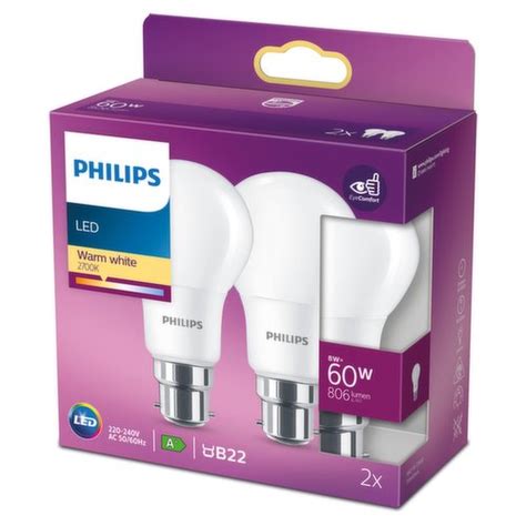 Philips Led Frosted Light Bulb B22 Bayonet Cap 8w 60 Equivalent Non