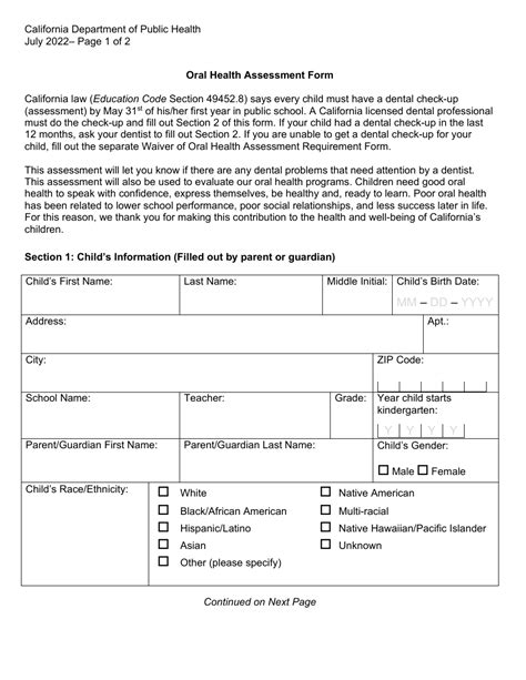 California Oral Health Assessment Form Fill Out Sign Online And Download Pdf Templateroller