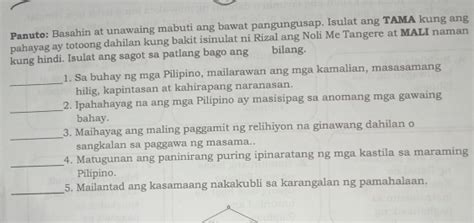 Solved Panuto Basahin At Unawaing Mabuti Ang Bawat Pangungusap