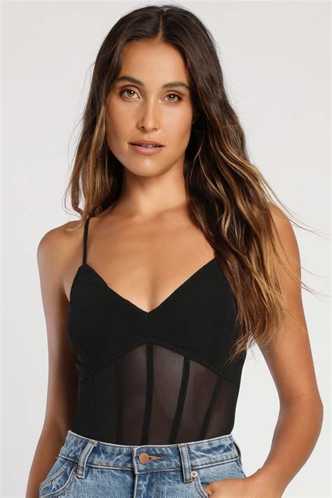 Black Mesh Bodysuit Sheer Bodysuit Bustier Bodysuit Lulus