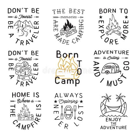 Camping Badges Set In Minimalist Line Art Style With Different Quotes