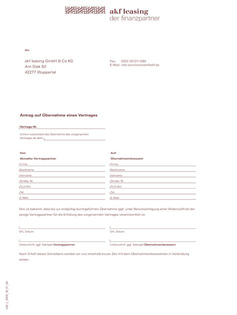 Fillable Online Akf Antrag Auf Vertrags Bernahme Akf Leasing Fax Email