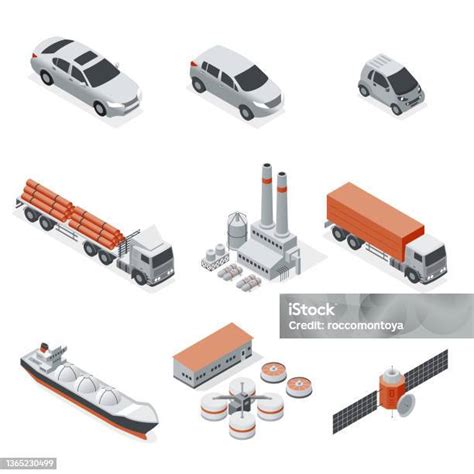 Isometric Set Industry And Transportation向量圖形及更多等軸測投影圖片 等軸測投影 客貨車