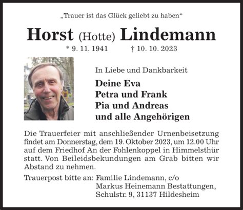 Traueranzeigen Von Horst Lindemann Trauerportal Hildesheimer