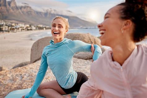 Yoga Laughter And Woman Friends On The Beach Together For Mental