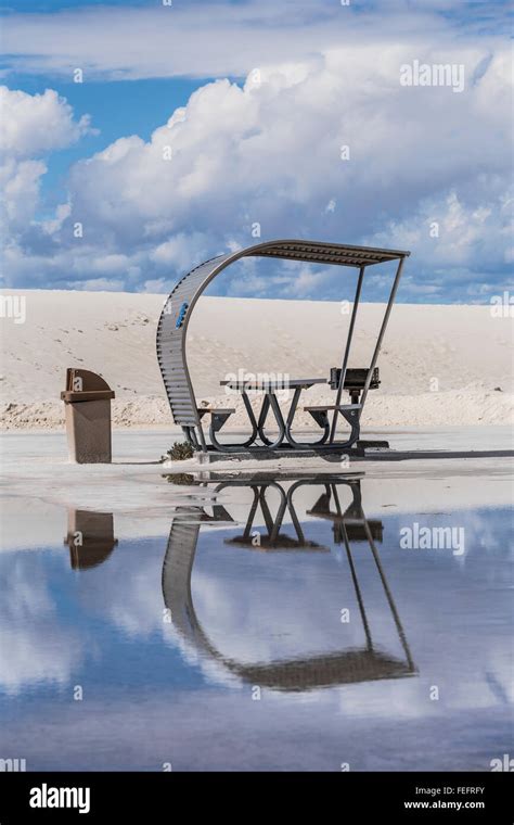 Space Age Picnic Shelters Reflecting In Pond From Recent Heavy Rains In