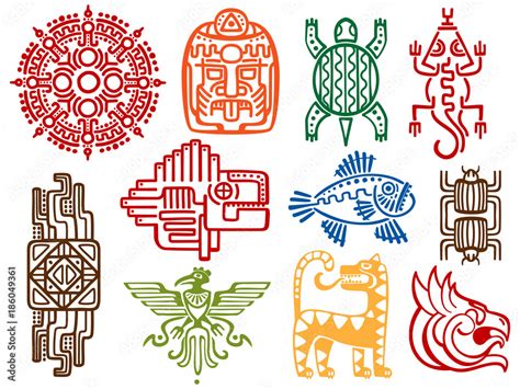 Colorful ancient mexican vector mythology symbols - american aztec ...