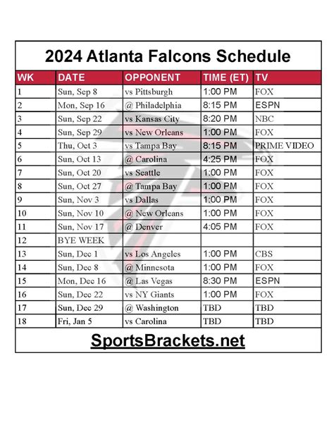 Printable Atlanta Falcons Schedule Matchups And Tv Broadcasts